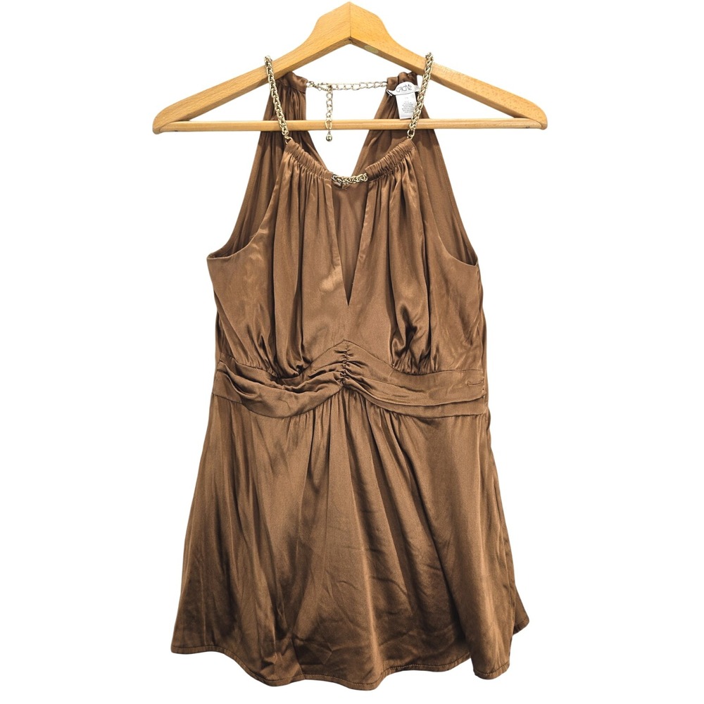 Y2K Cache Womens Brown Silk Blend Gold Chain Halter Top V-Neck Empire Waist XS